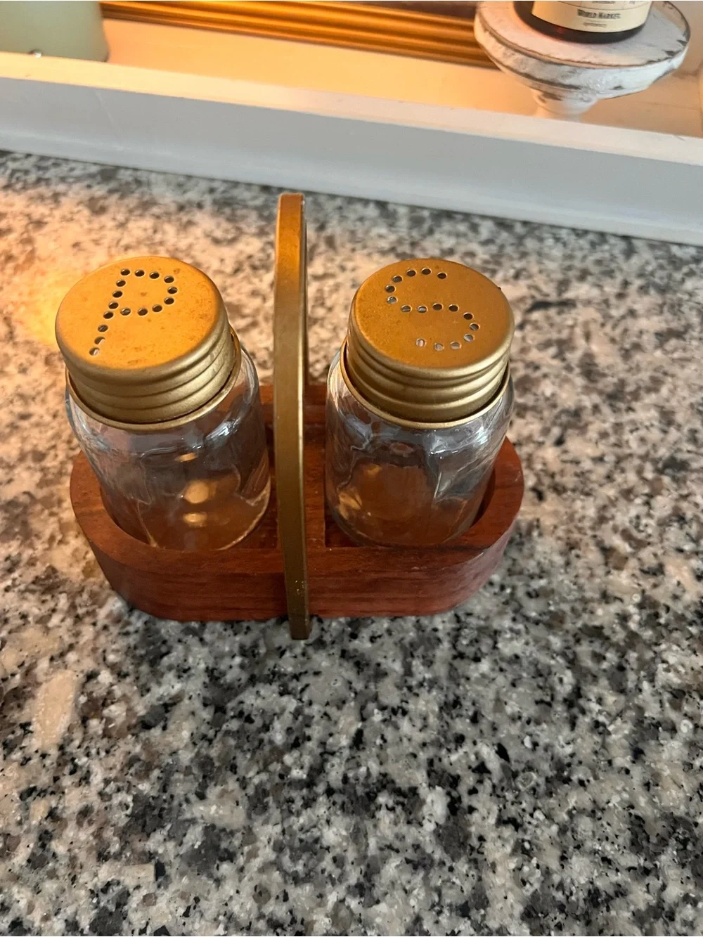 Farmhouse Style Wood and Glass Salt & Pepper Shaker Set with Gold Lids
